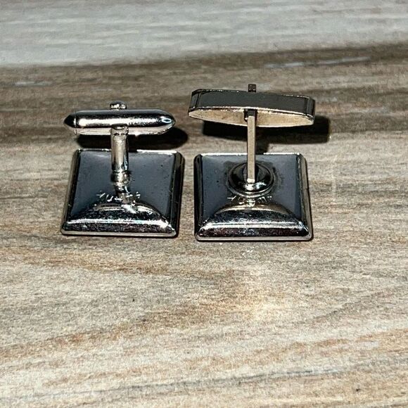 Vintage Swank Cufflinks with Black Onyx Style Inlay Men’s Silver Tone Classic - Picture 4 of 7